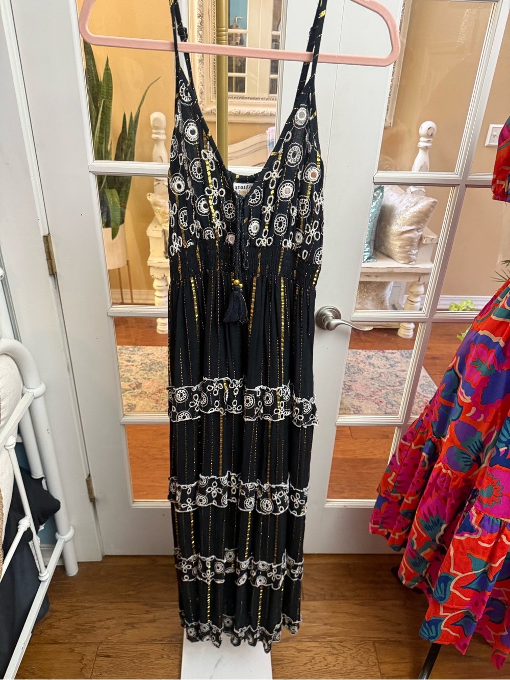 Black Embroidered Tiered Maxi Dress with Tassel Tie